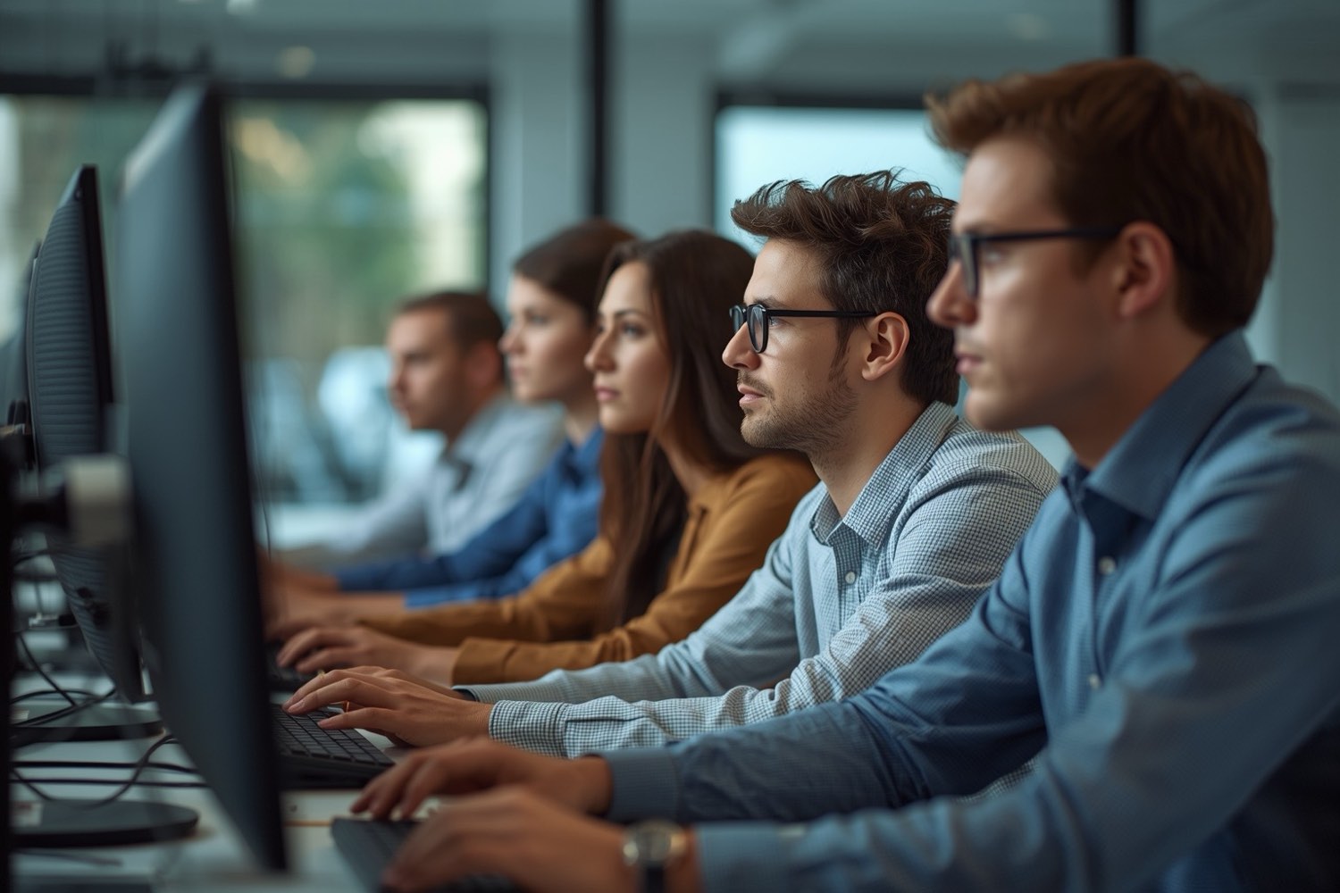 Data team members of different ages reviewing records together on screens in an office