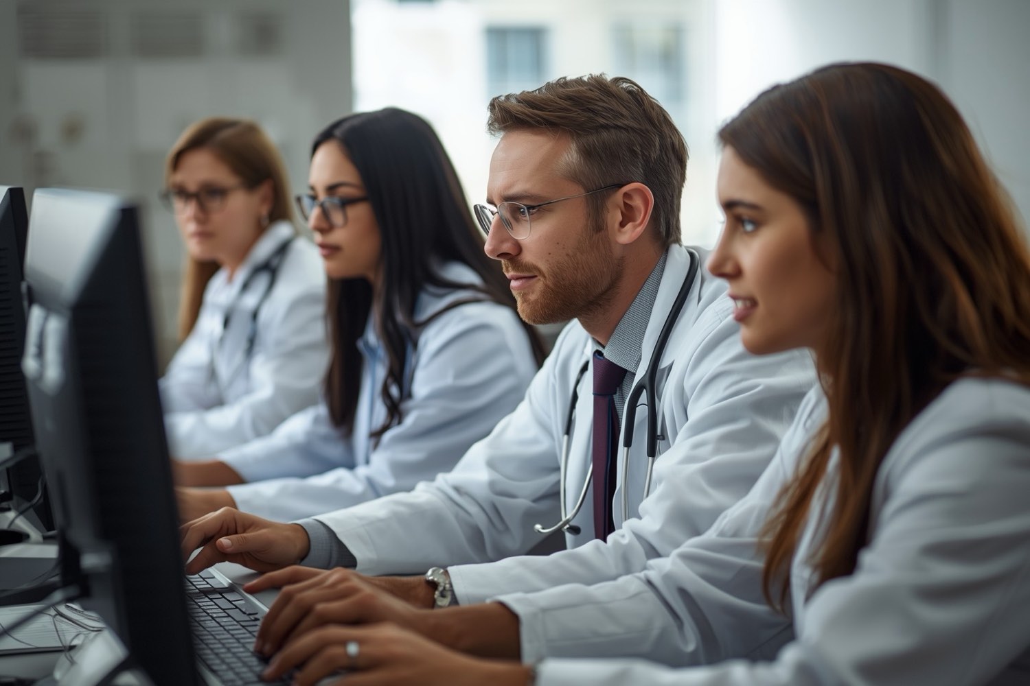 Healthcare staff of different ages reviewing patient records and data on screens in a hospital office