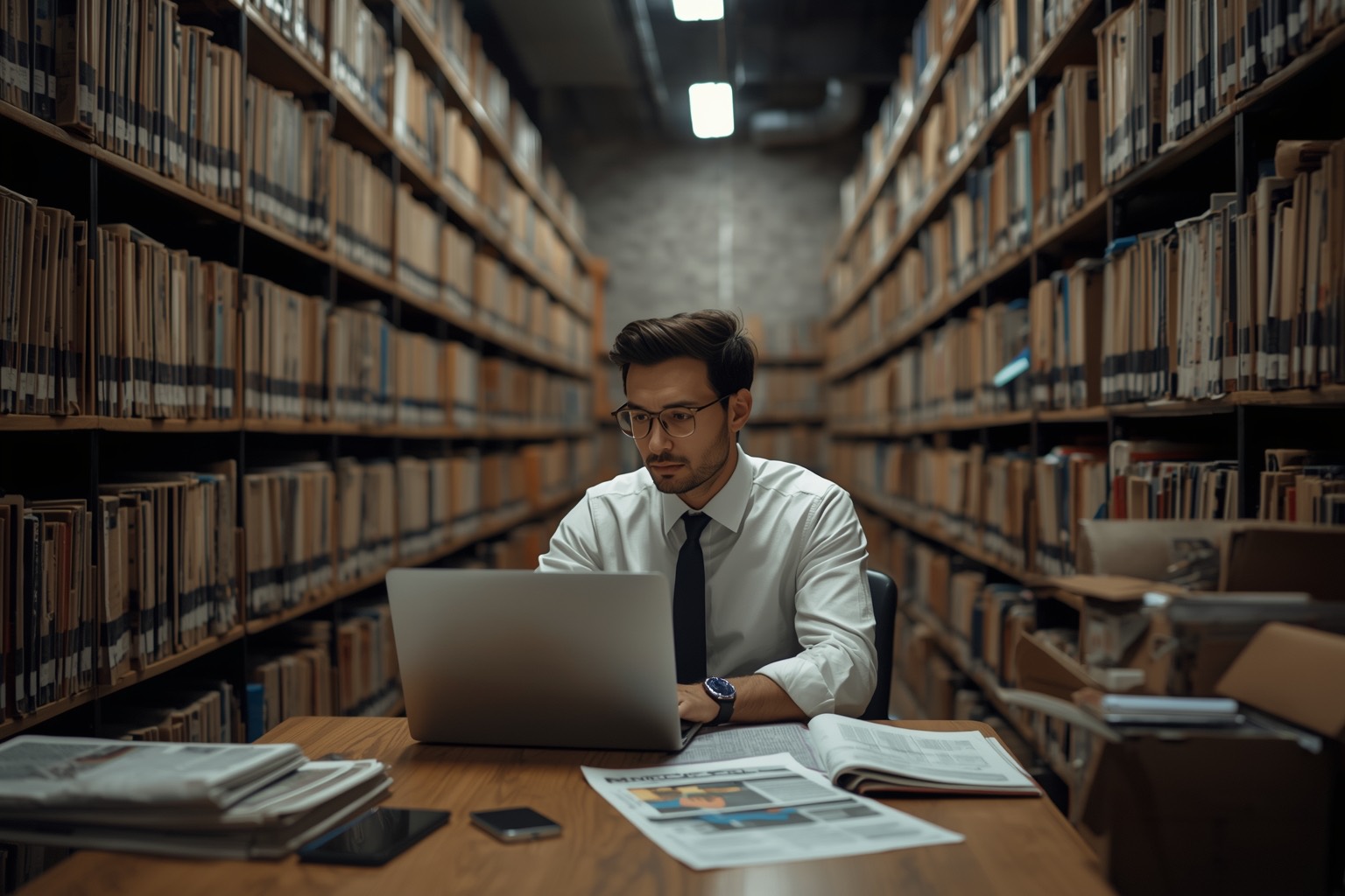 Archivist reviewing records on a laptop in a newspaper archive