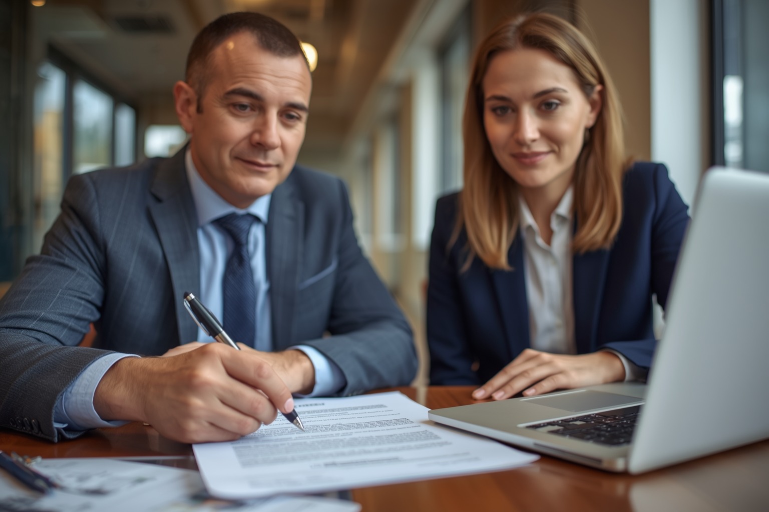 Lawyer and company executive reviewing a printed licensing agreement