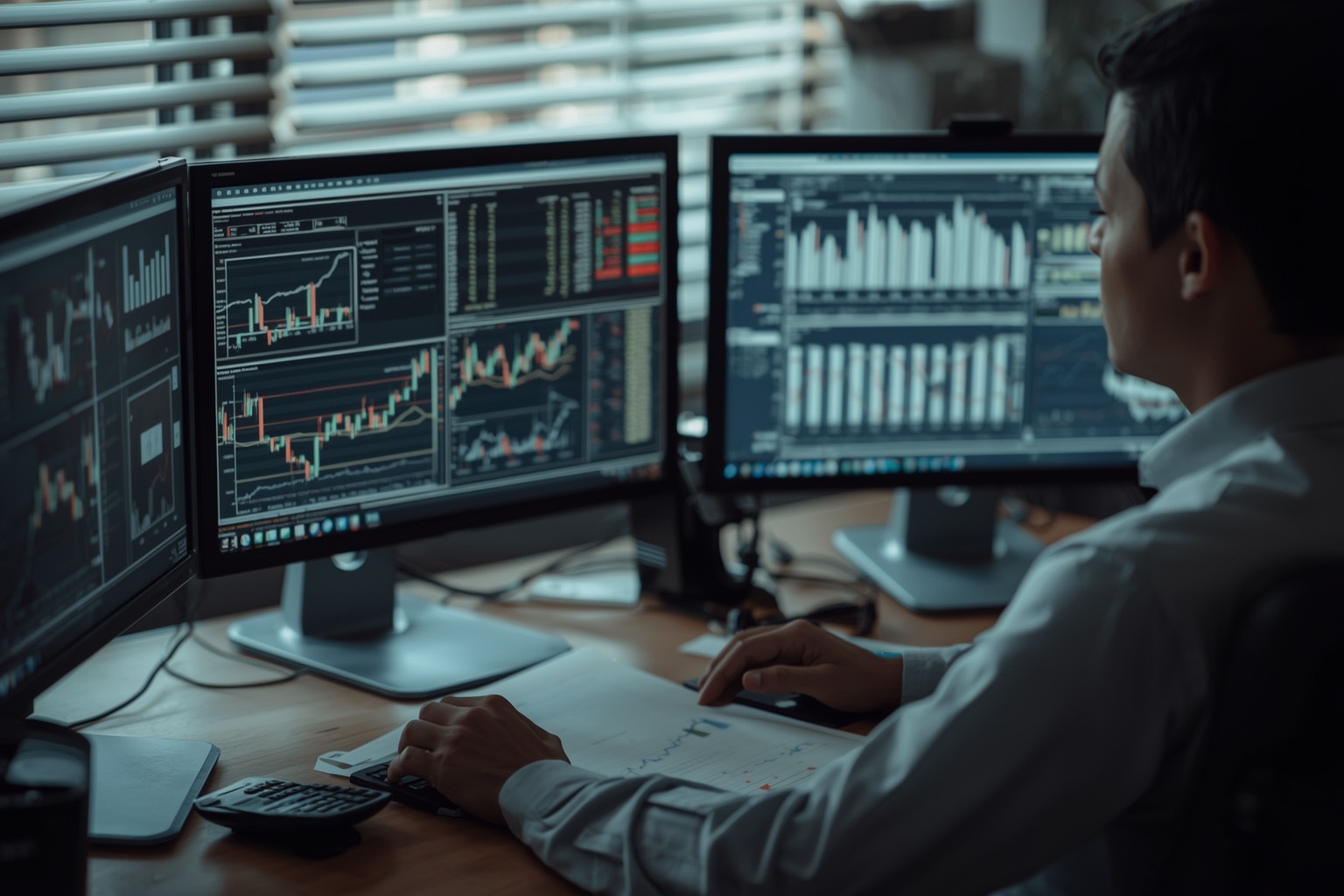 Analyst at two monitors of charts with a printed report on the desk