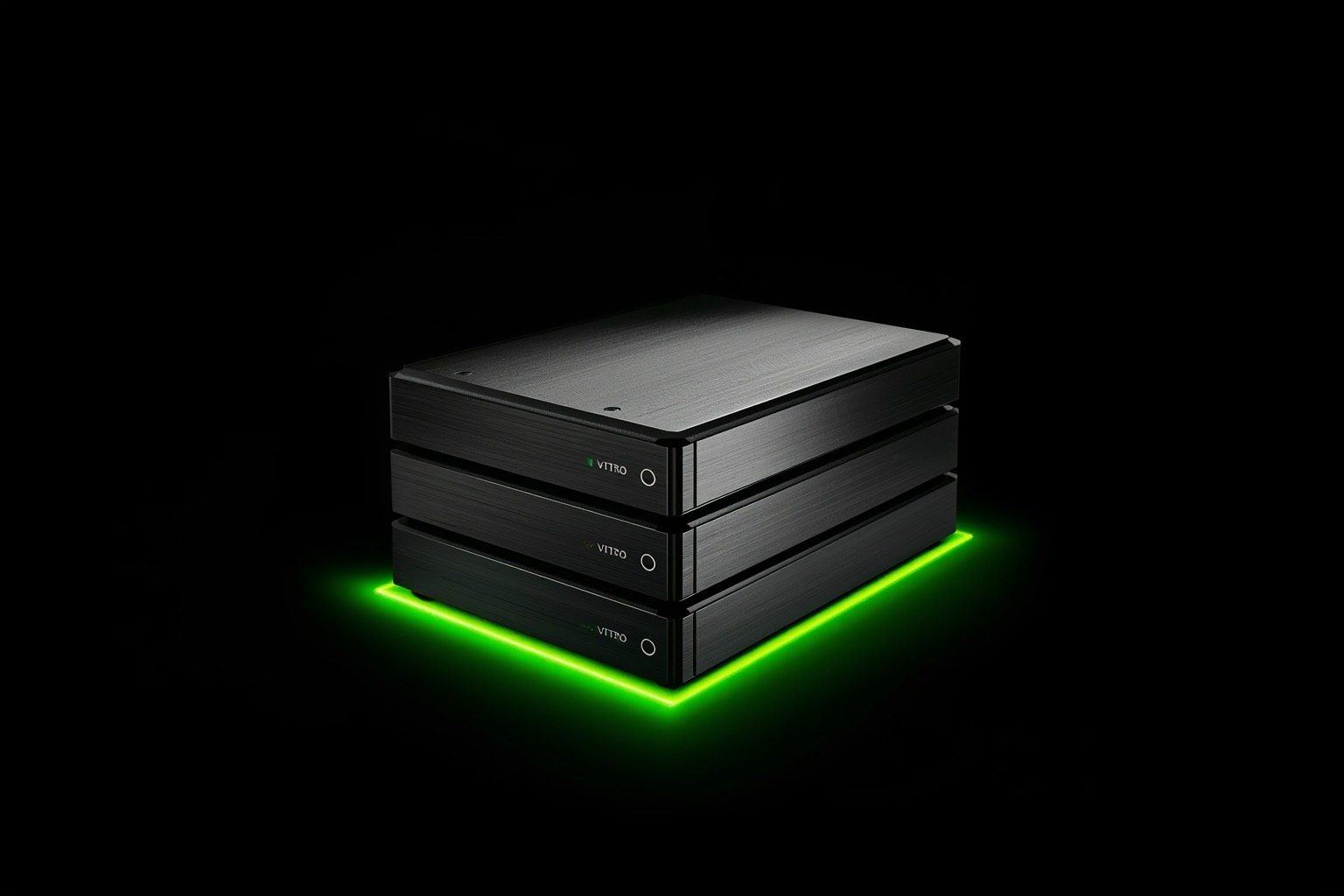 Stack of storage drives lit from below in lime